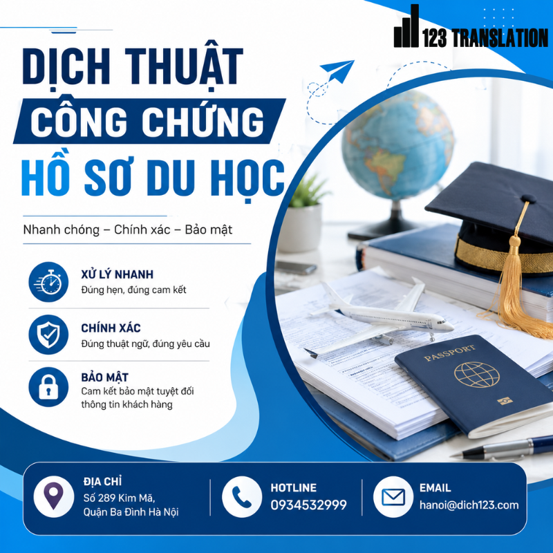 Dịch thuật công chứng hồ sơ du học tại Dịch 123 – Đa dạng ngôn ngữ, đáp ứng nhu cầu hồ sơ du học.